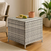 HAOYYE Outdoor PE Wicker Side Table with Storage Bin, Square Rattan Patio End Table for Furniture Covers Toys Gardening Tools and Outdoor Essentials, Grey Weather Resistant Storage Container for Porch Garden Balcony